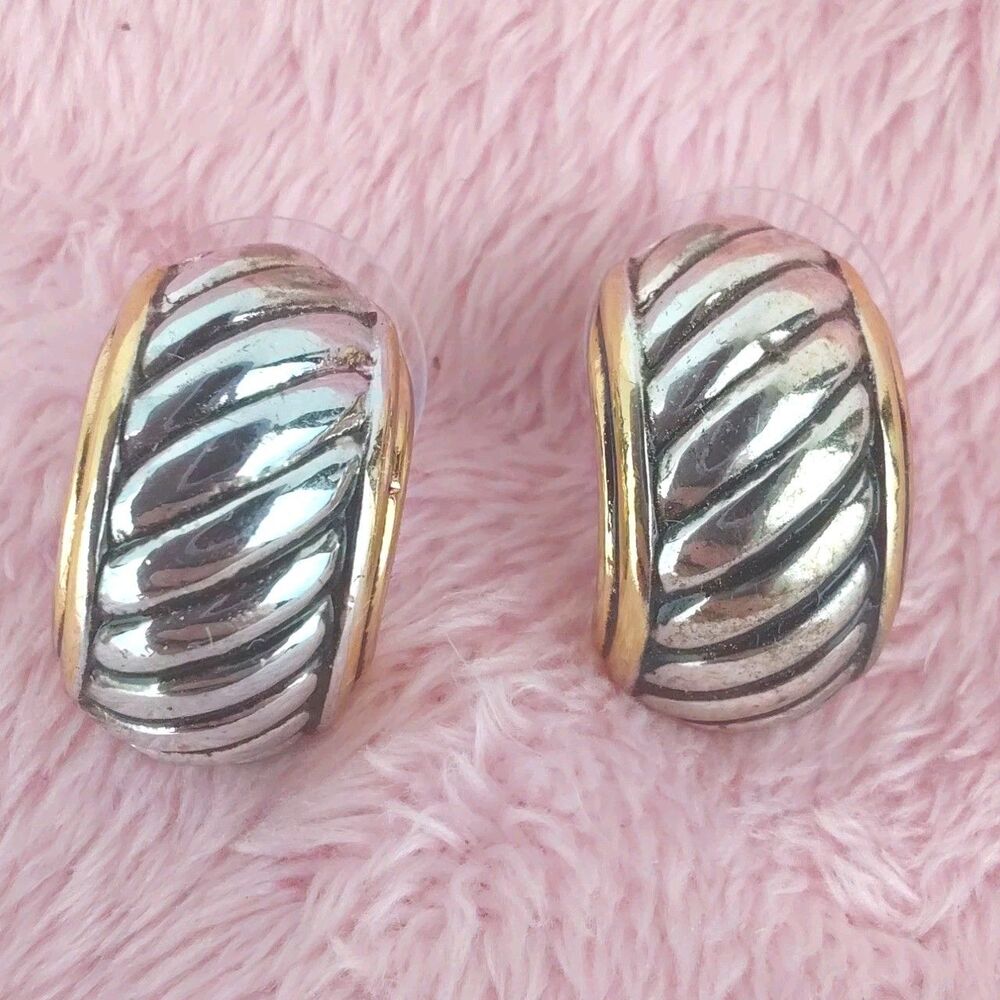 Designer Elegant Vintage Silver & Gold Plate Ribbed Pierced J Hoop Earrings
